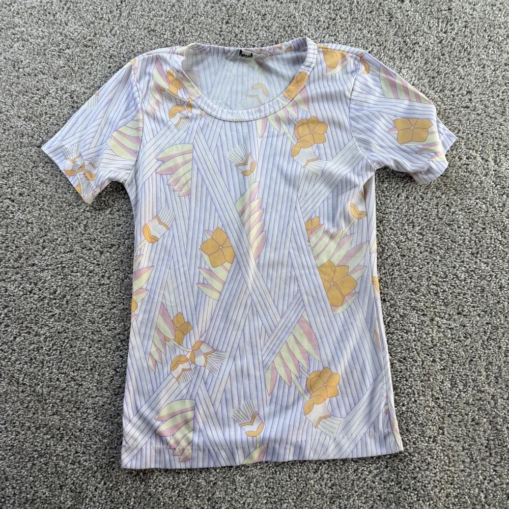 Vintage Empire Shirt Womens Small White Floral Stripe Short Sleeve Top Casual